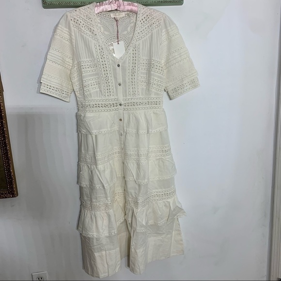 LoveShackFancy Rebecca Embroidered Lace Eyelet Tiered Ruffle Midi Short medium - Picture 3 of 9